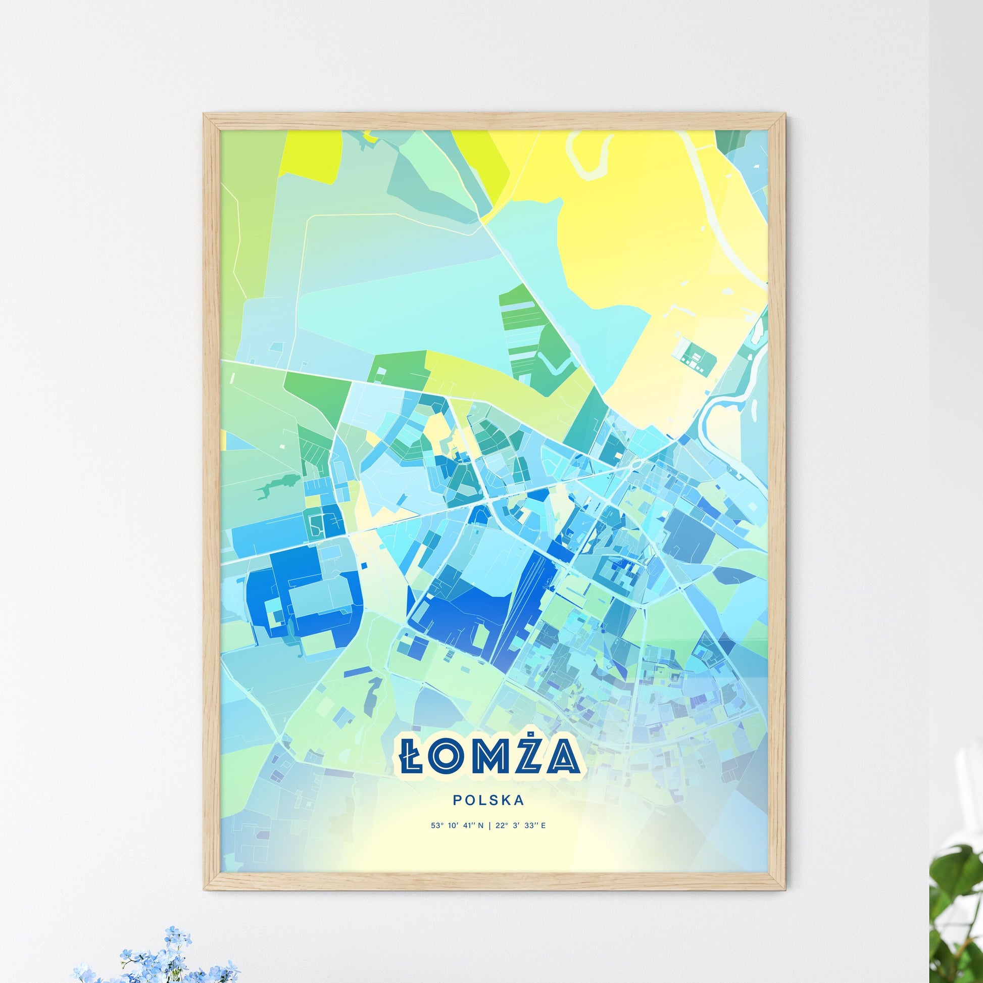 Colorful ŁOMŻA POLAND Fine Art Map Cool Blue