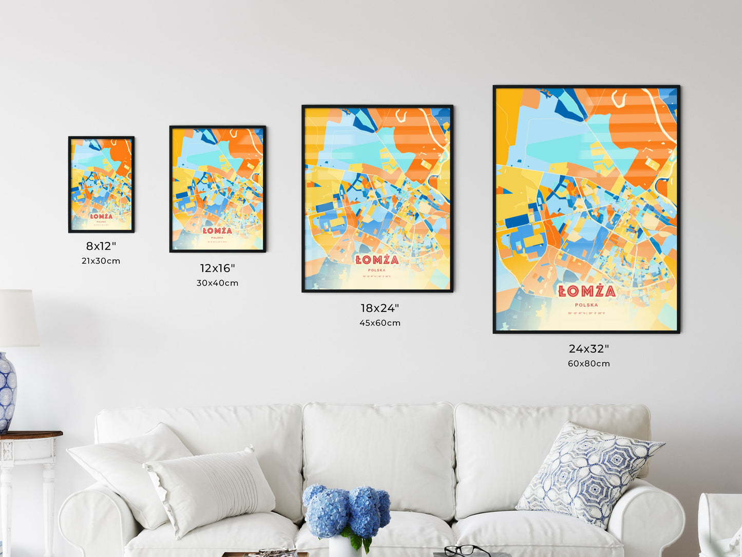 Colorful ŁOMŻA POLAND Fine Art Map Blue Orange