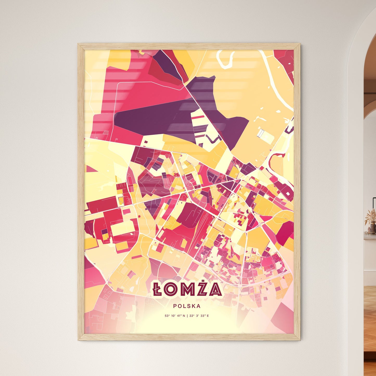 Colorful ŁOMŻA POLAND Fine Art Map Hot Red