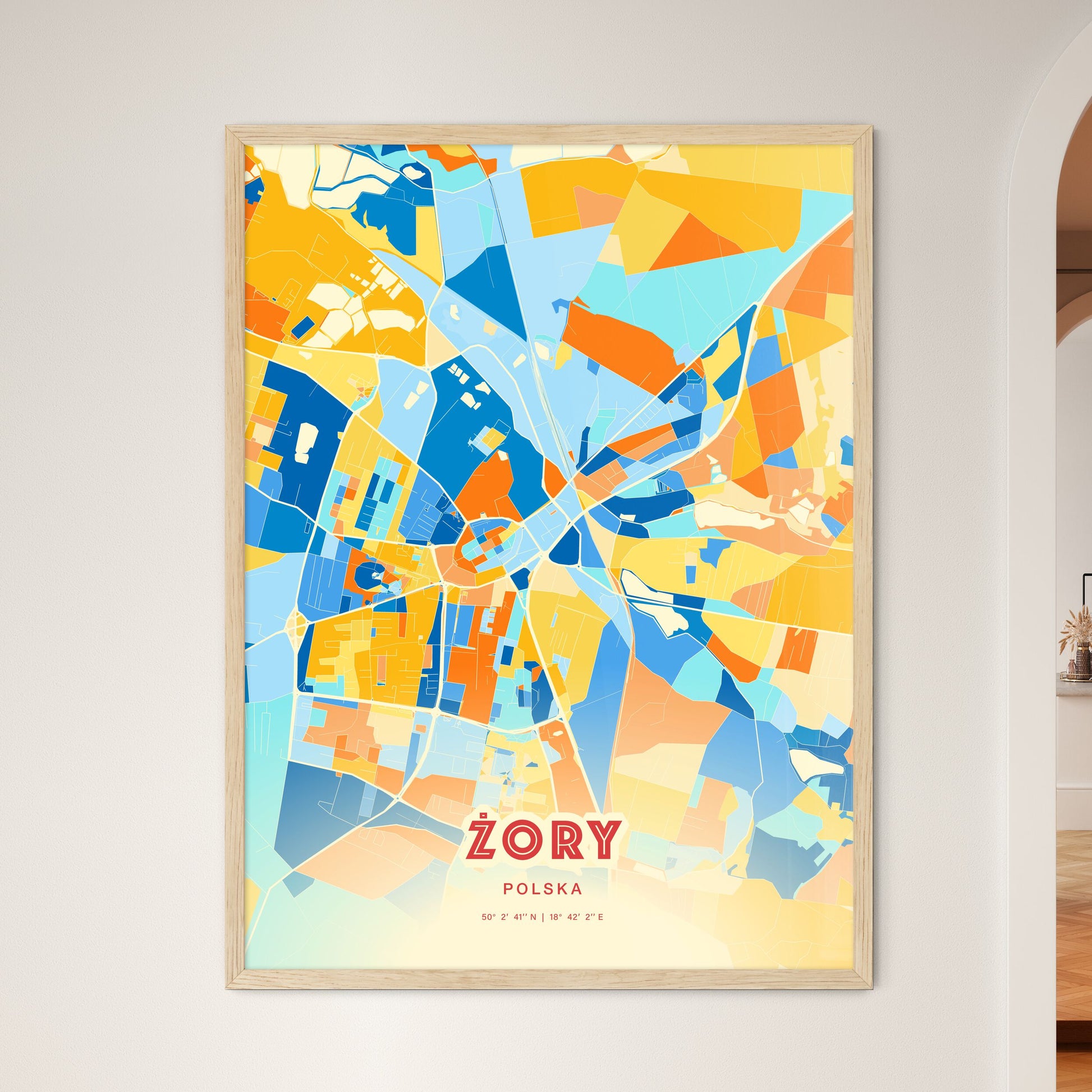 Colorful ŻORY POLAND Fine Art Map Blue Orange