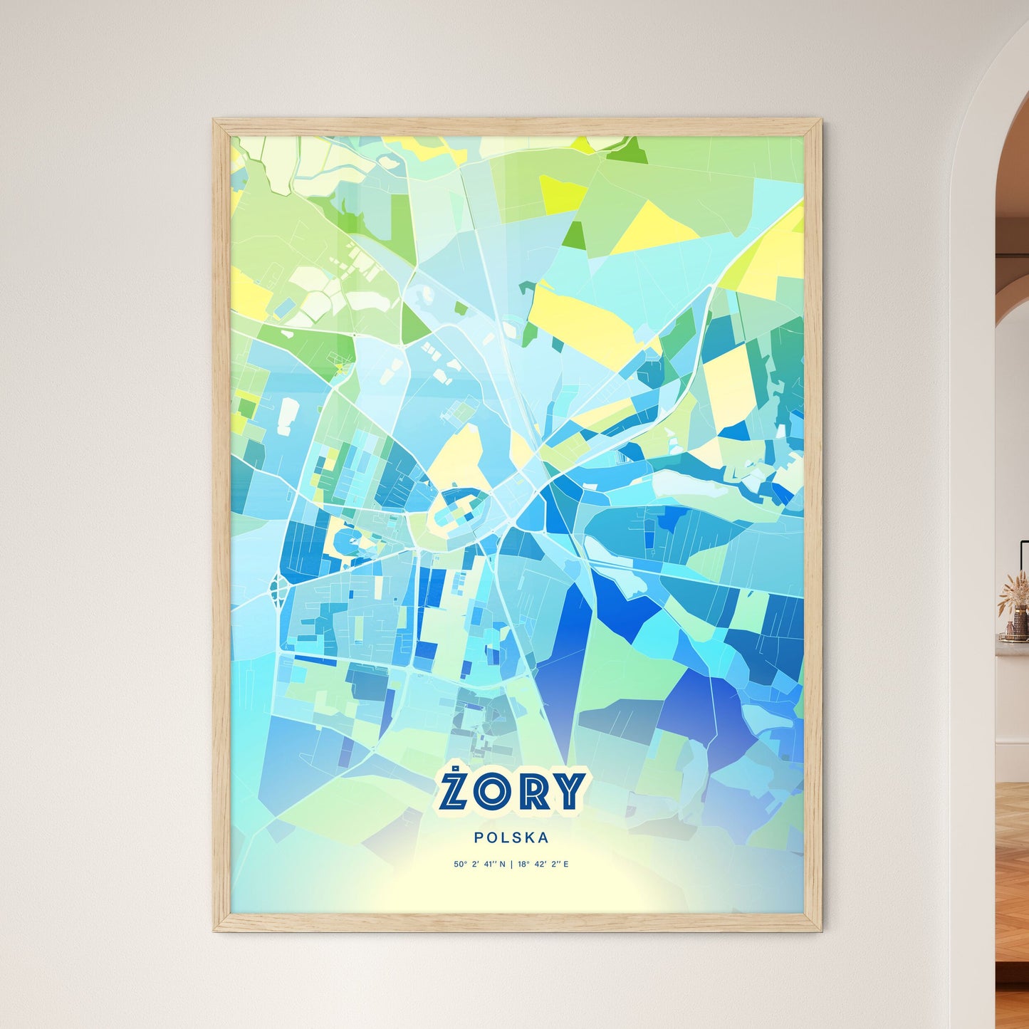 Colorful ŻORY POLAND Fine Art Map Cool Blue