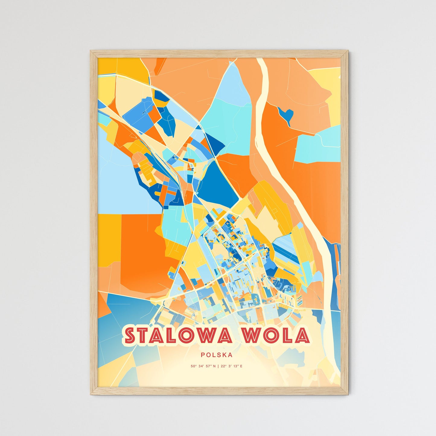 Colorful STALOWA WOLA POLAND Fine Art Map Blue Orange