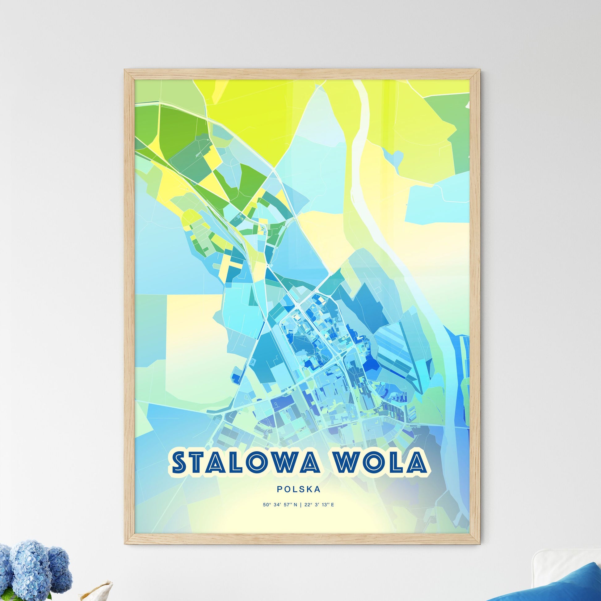 Colorful STALOWA WOLA POLAND Fine Art Map Cool Blue