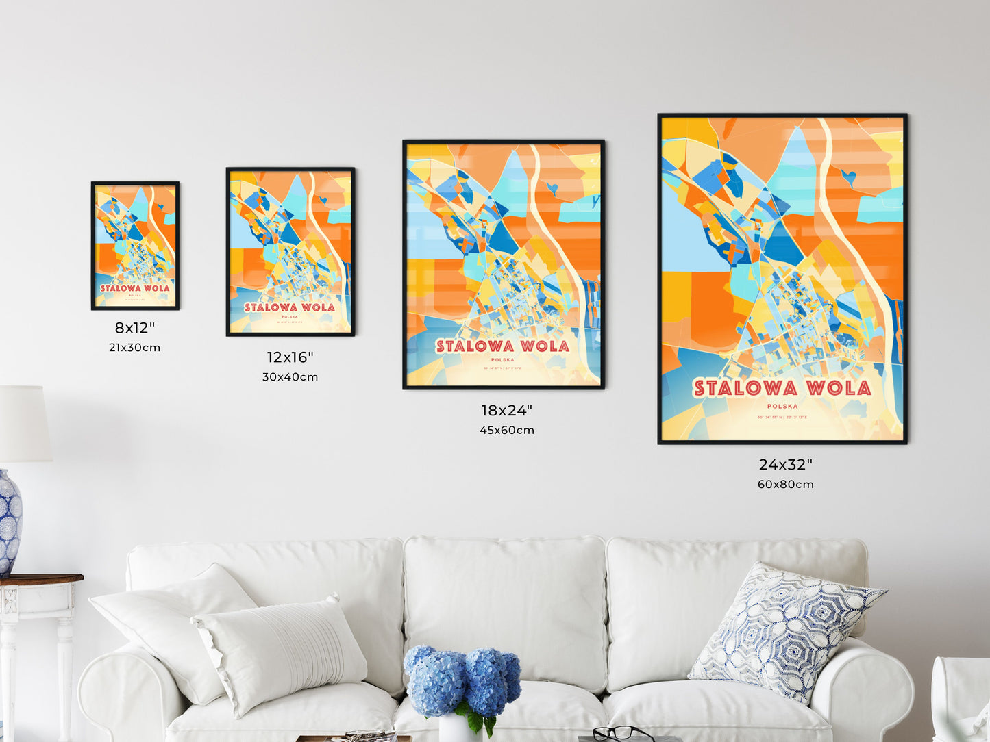 Colorful STALOWA WOLA POLAND Fine Art Map Blue Orange