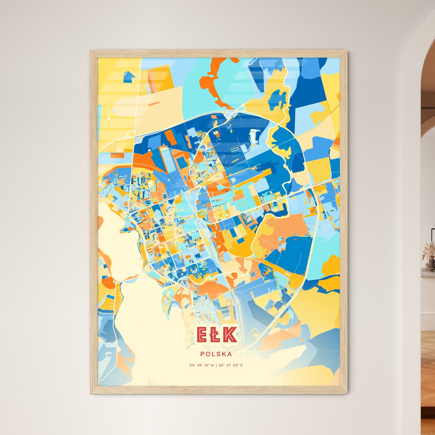 Colorful EŁK POLAND Fine Art Map Blue Orange