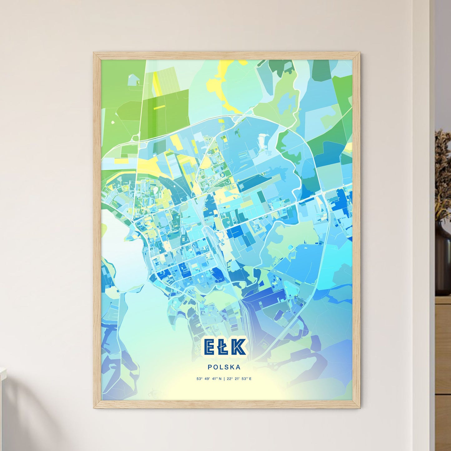 Colorful EŁK POLAND Fine Art Map Cool Blue