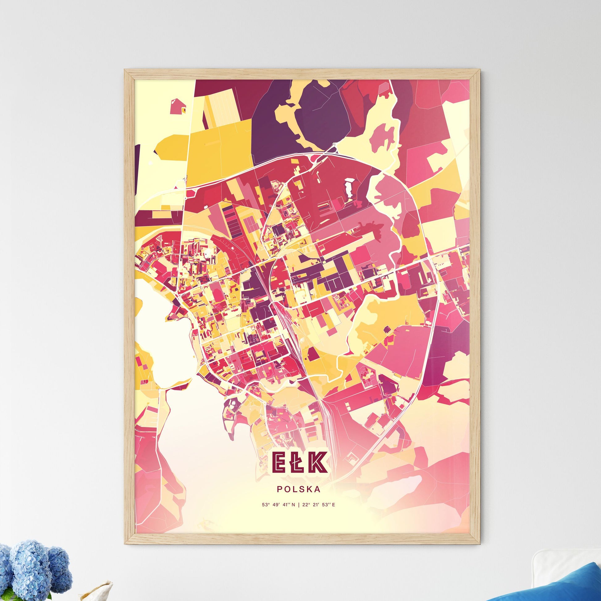 Colorful EŁK POLAND Fine Art Map Hot Red