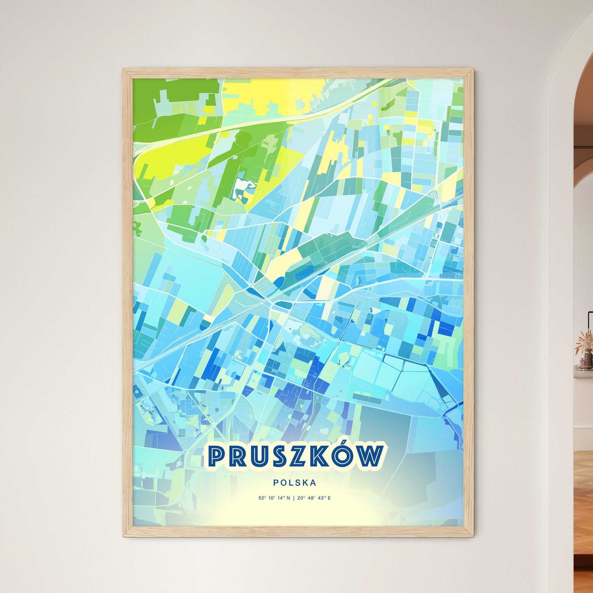 Colorful PRUSZKÓW POLAND Fine Art Map Cool Blue