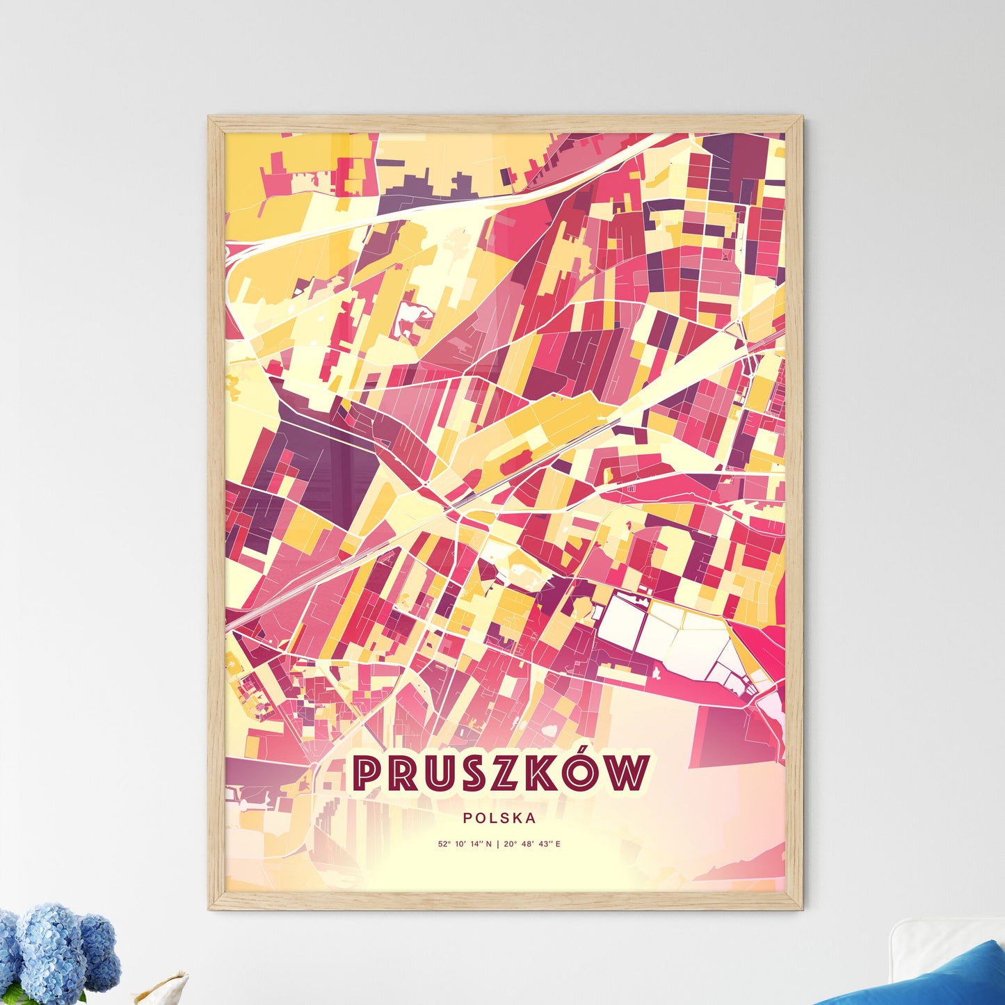 Colorful PRUSZKÓW POLAND Fine Art Map Hot Red