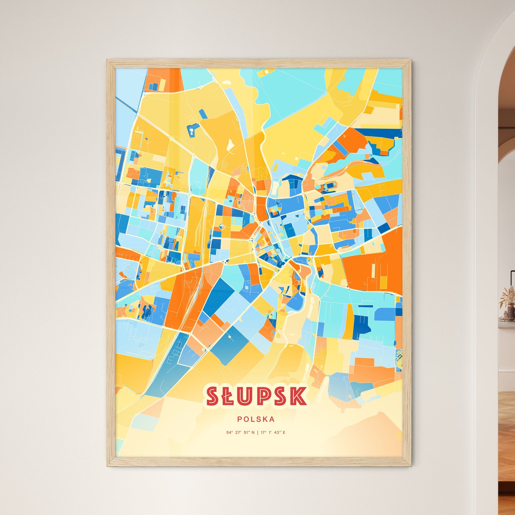 Colorful SŁUPSK POLAND Fine Art Map Blue Orange