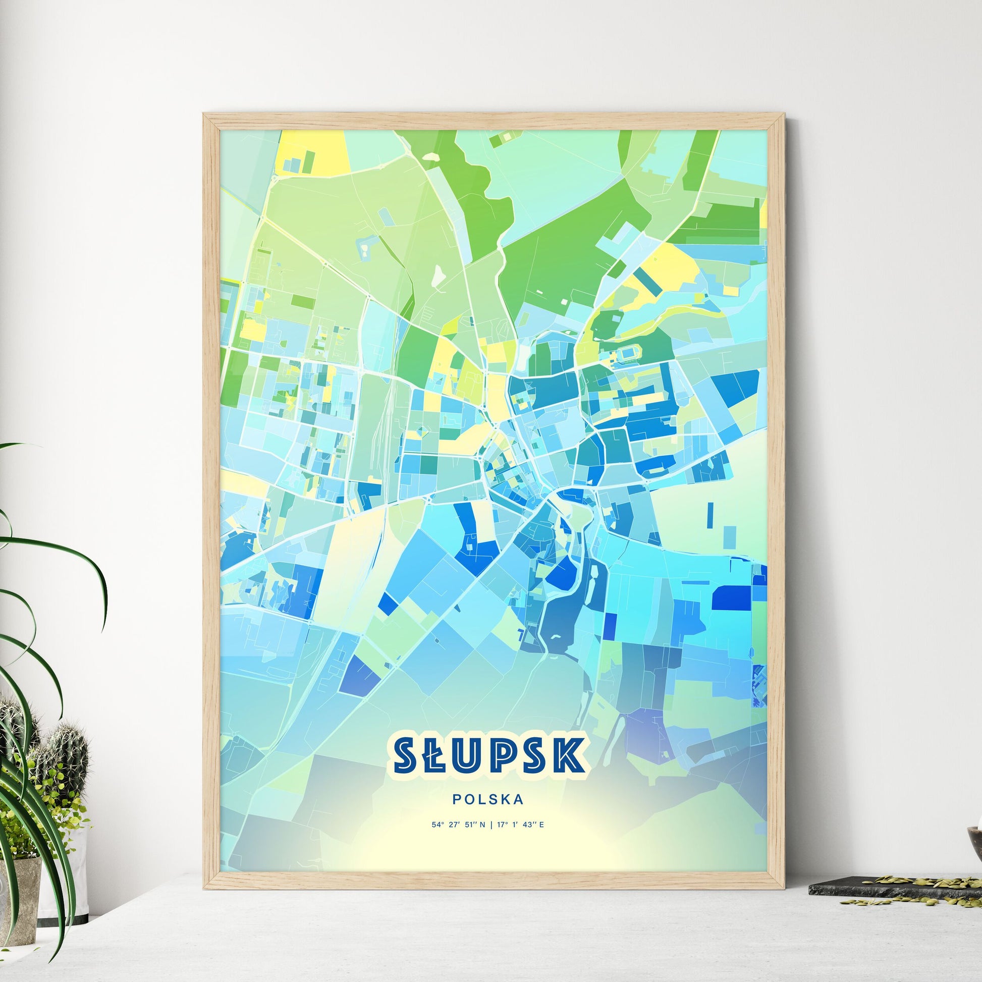 Colorful SŁUPSK POLAND Fine Art Map Cool Blue