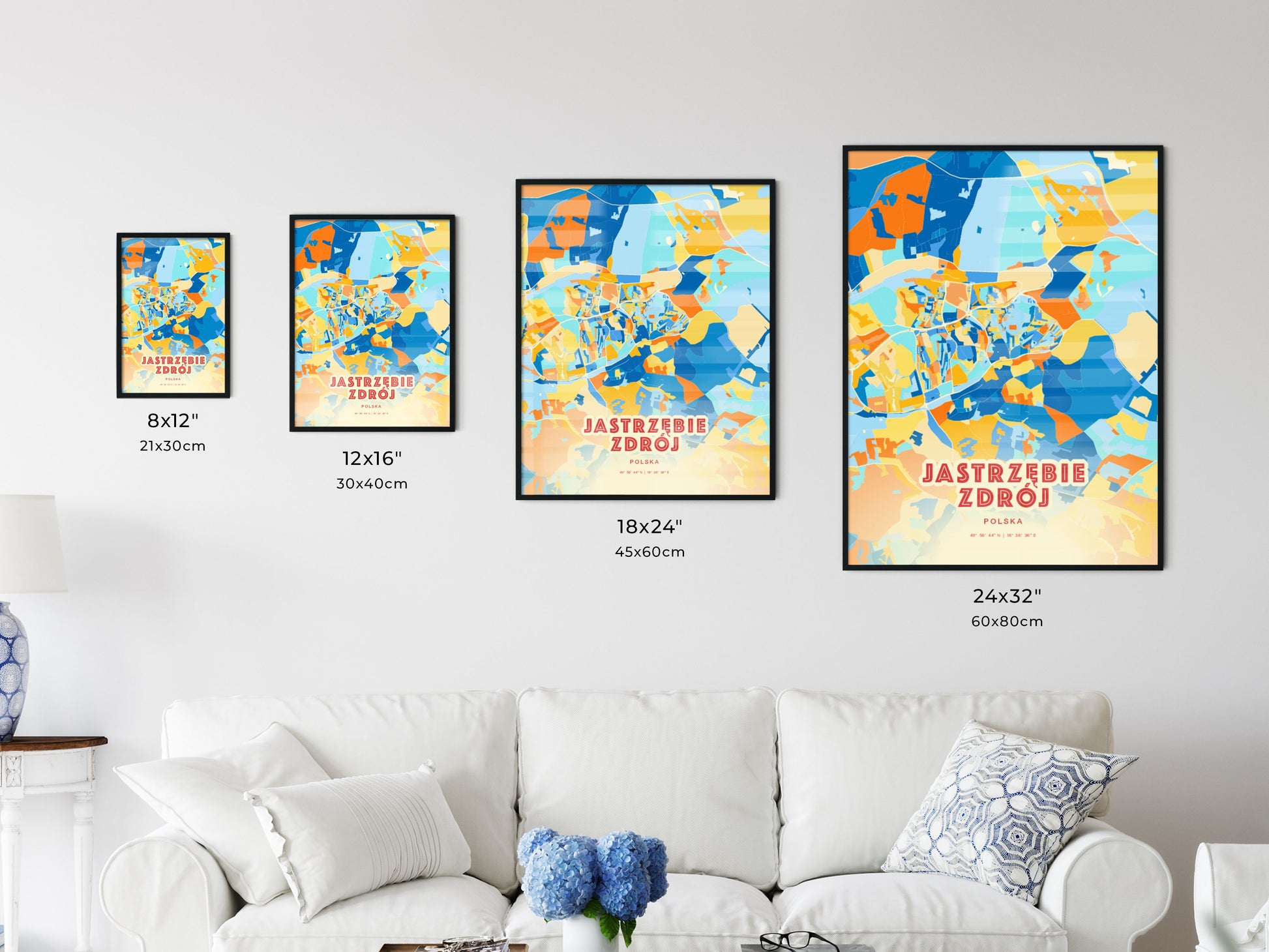 Colorful JASTRZĘBIE ZDRÓJ POLAND Fine Art Map Blue Orange