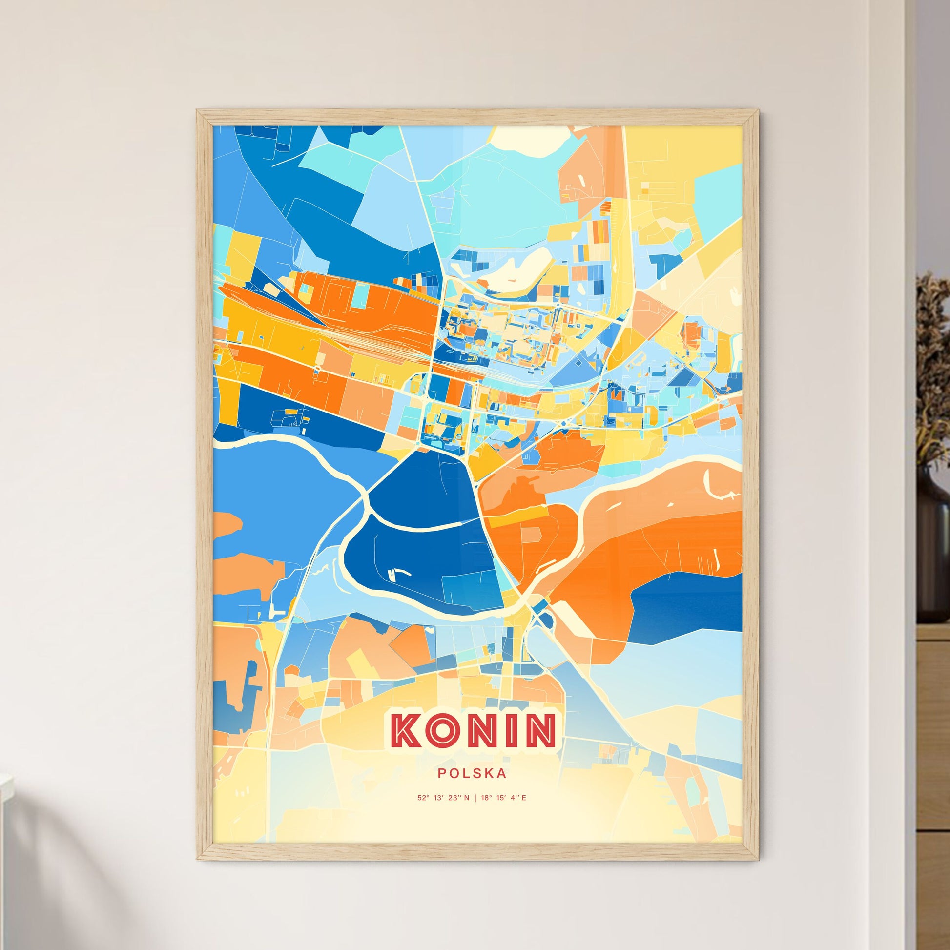 Colorful KONIN POLAND Fine Art Map Blue Orange