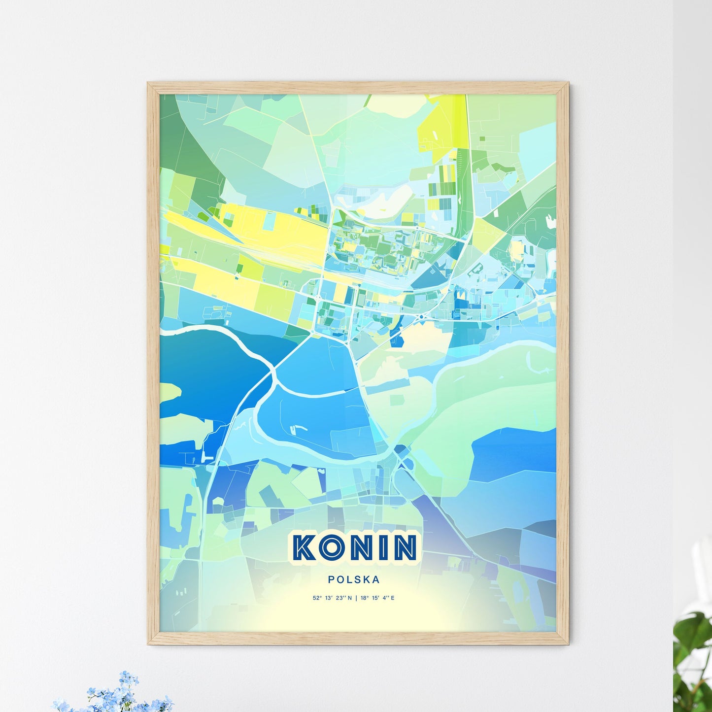 Colorful KONIN POLAND Fine Art Map Cool Blue