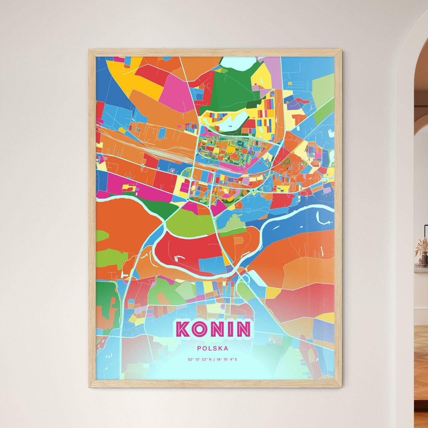 Colorful KONIN POLAND Fine Art Map Crazy Colors