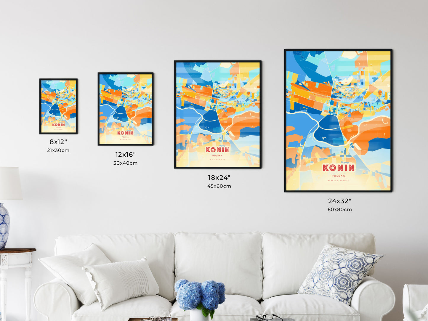 Colorful KONIN POLAND Fine Art Map Blue Orange