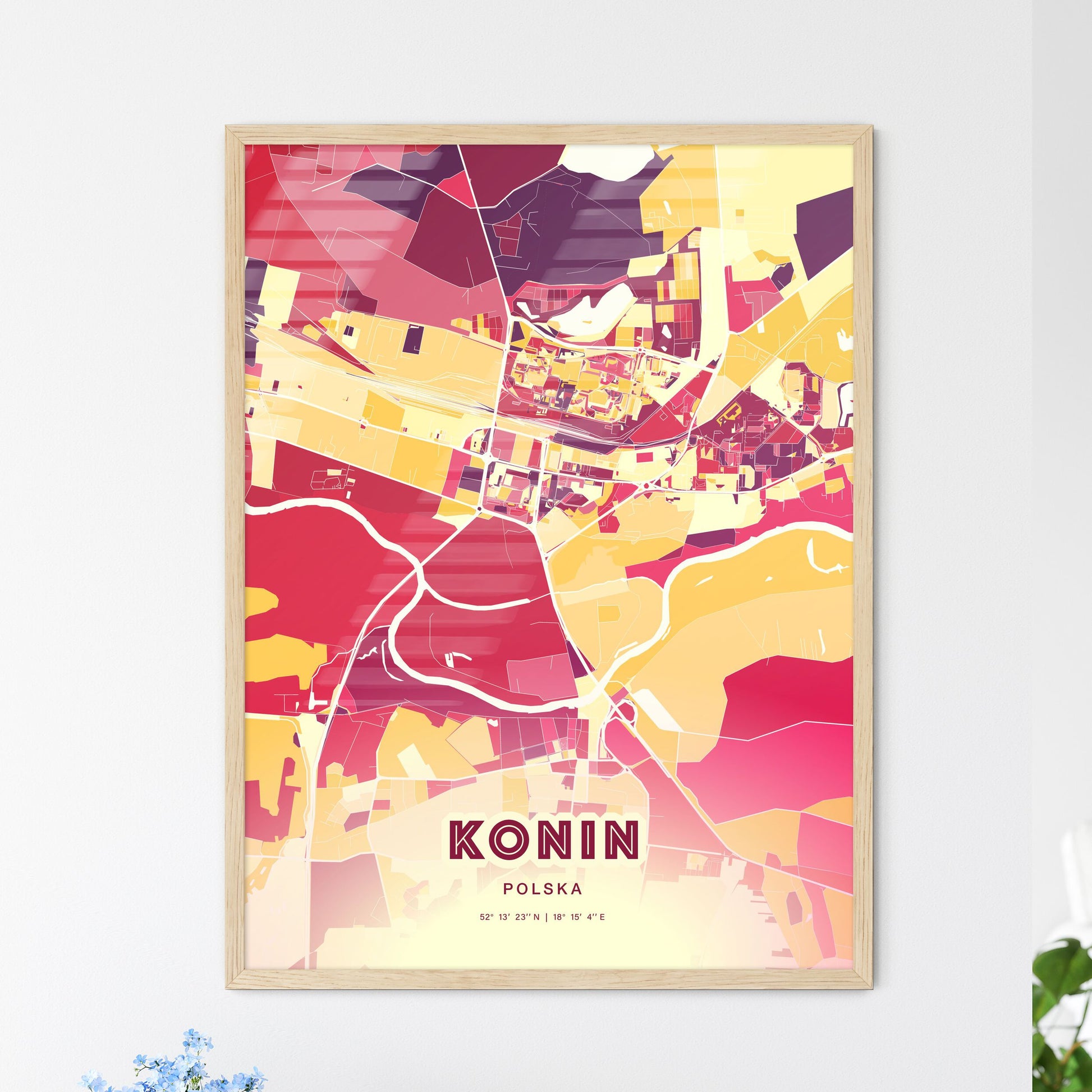 Colorful KONIN POLAND Fine Art Map Hot Red