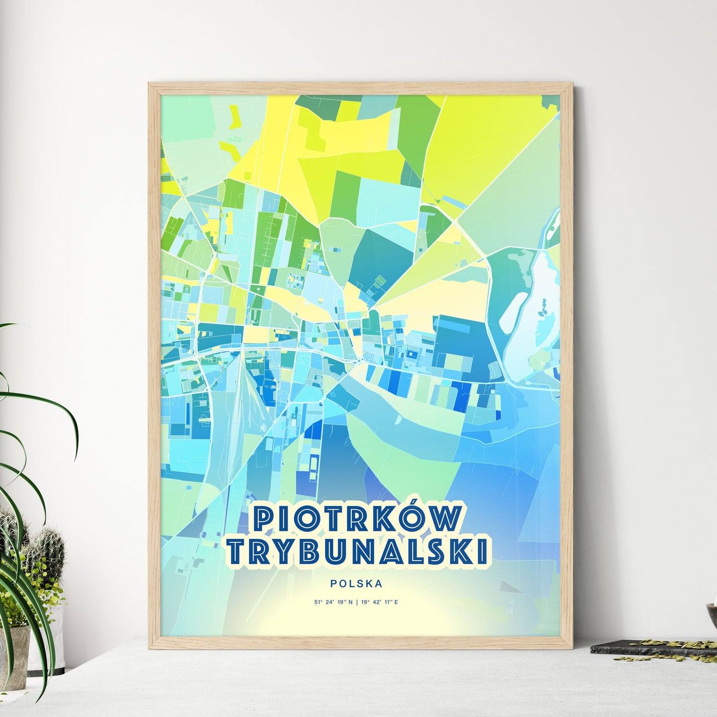 Colorful PIOTRKÓW TRYBUNALSKI POLAND Fine Art Map Cool Blue