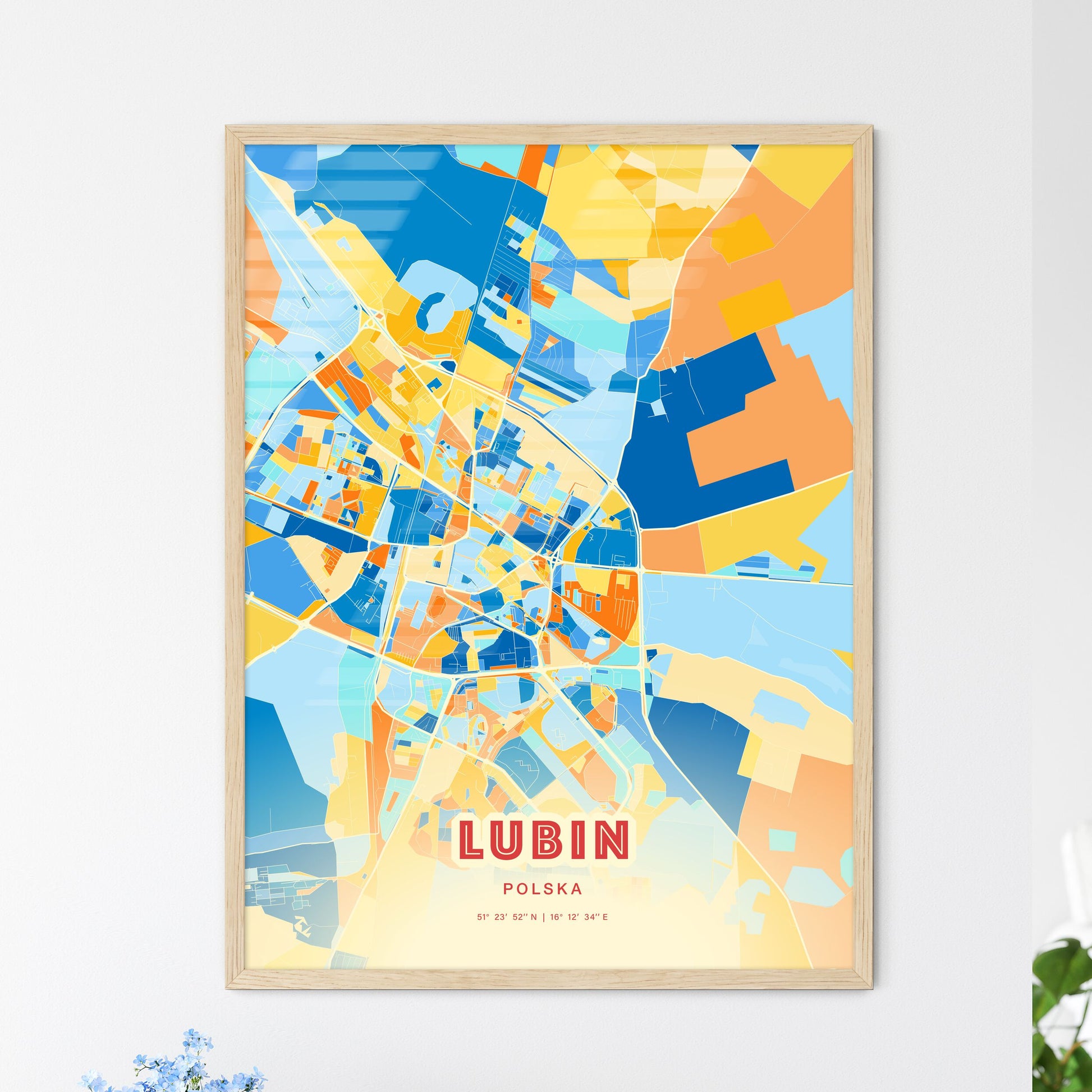 Colorful LUBIN POLAND Fine Art Map Blue Orange