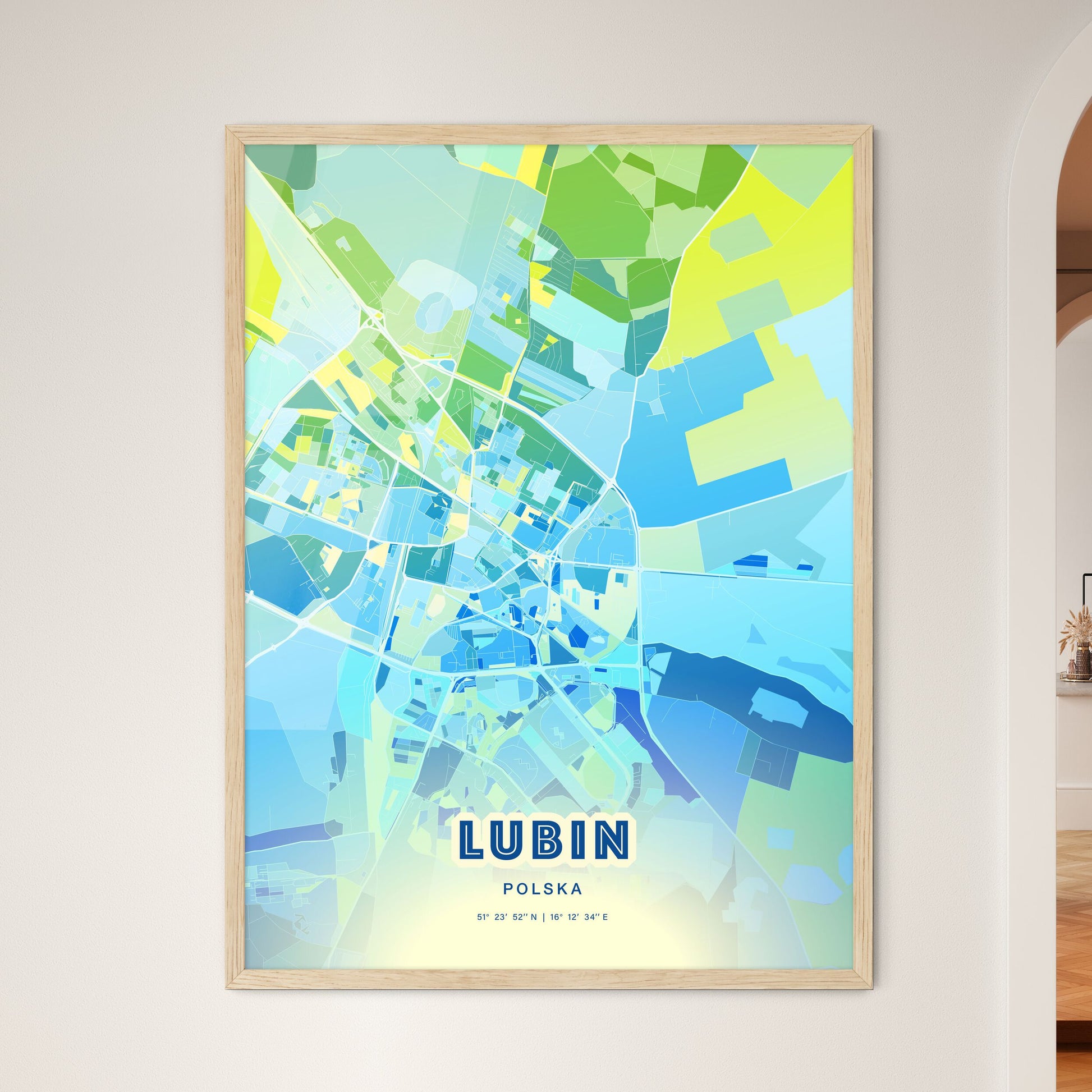 Colorful LUBIN POLAND Fine Art Map Cool Blue