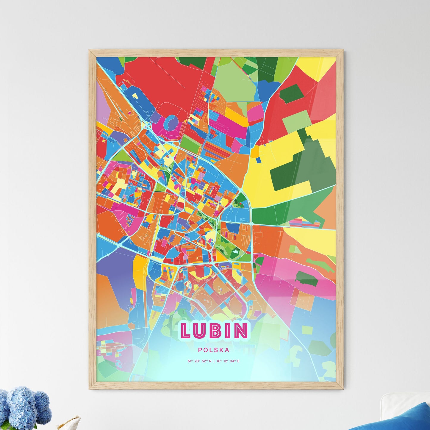 Colorful LUBIN POLAND Fine Art Map Crazy Colors