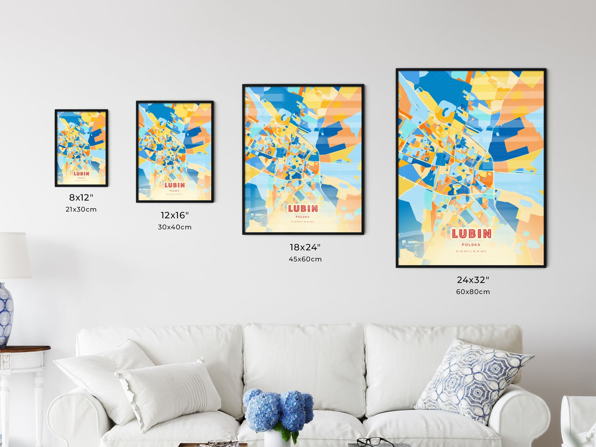 Colorful LUBIN POLAND Fine Art Map Blue Orange