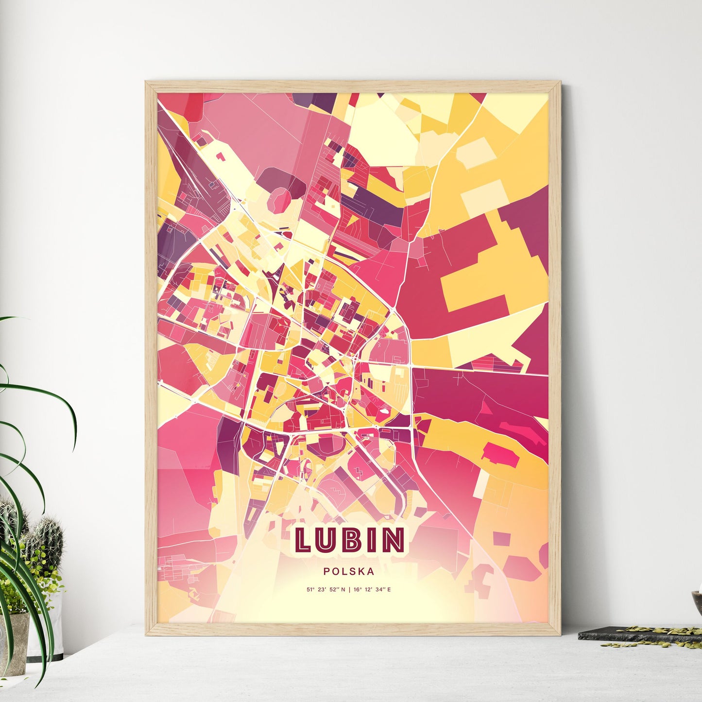 Colorful LUBIN POLAND Fine Art Map Hot Red