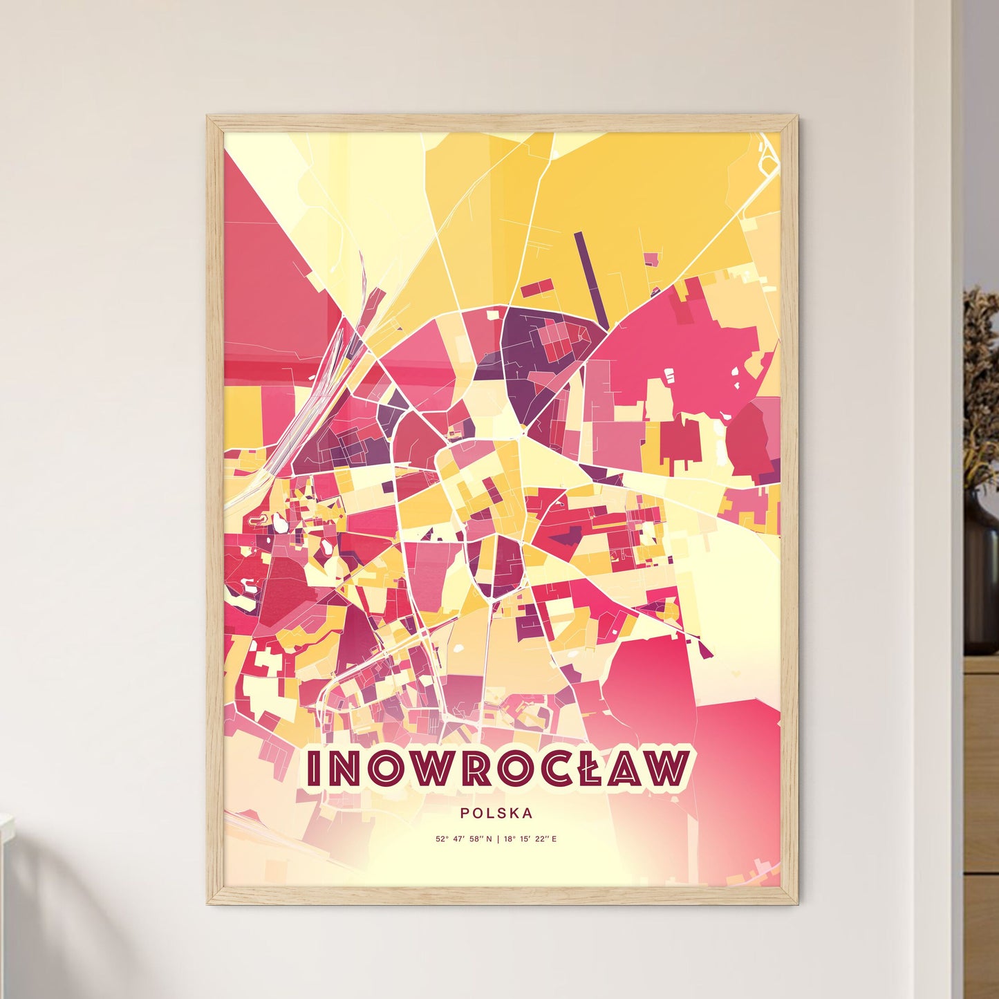 Colorful INOWROCŁAW POLAND Fine Art Map Hot Red