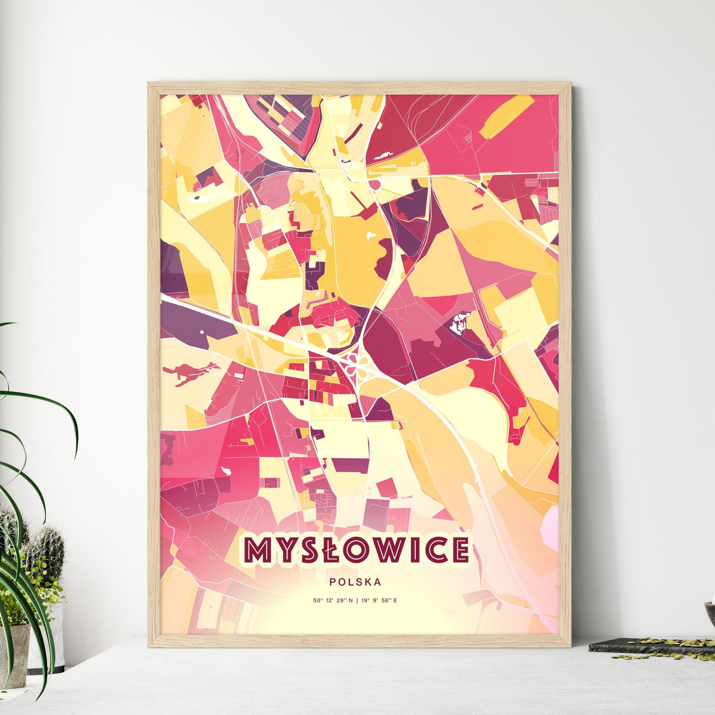 Colorful MYSŁOWICE POLAND Fine Art Map Hot Red