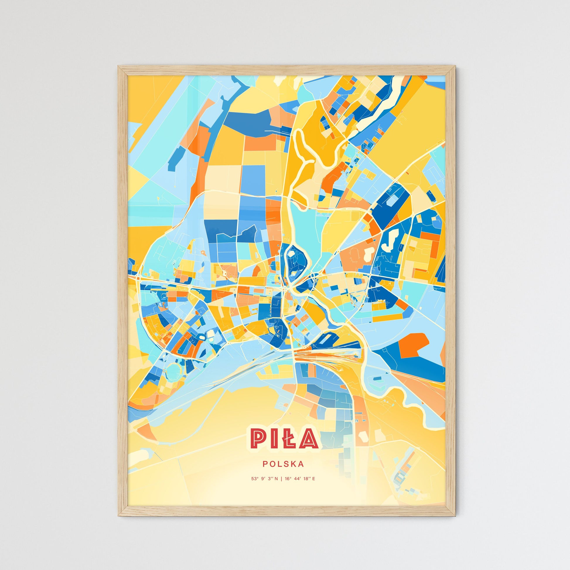 Colorful PIŁA POLAND Fine Art Map Blue Orange