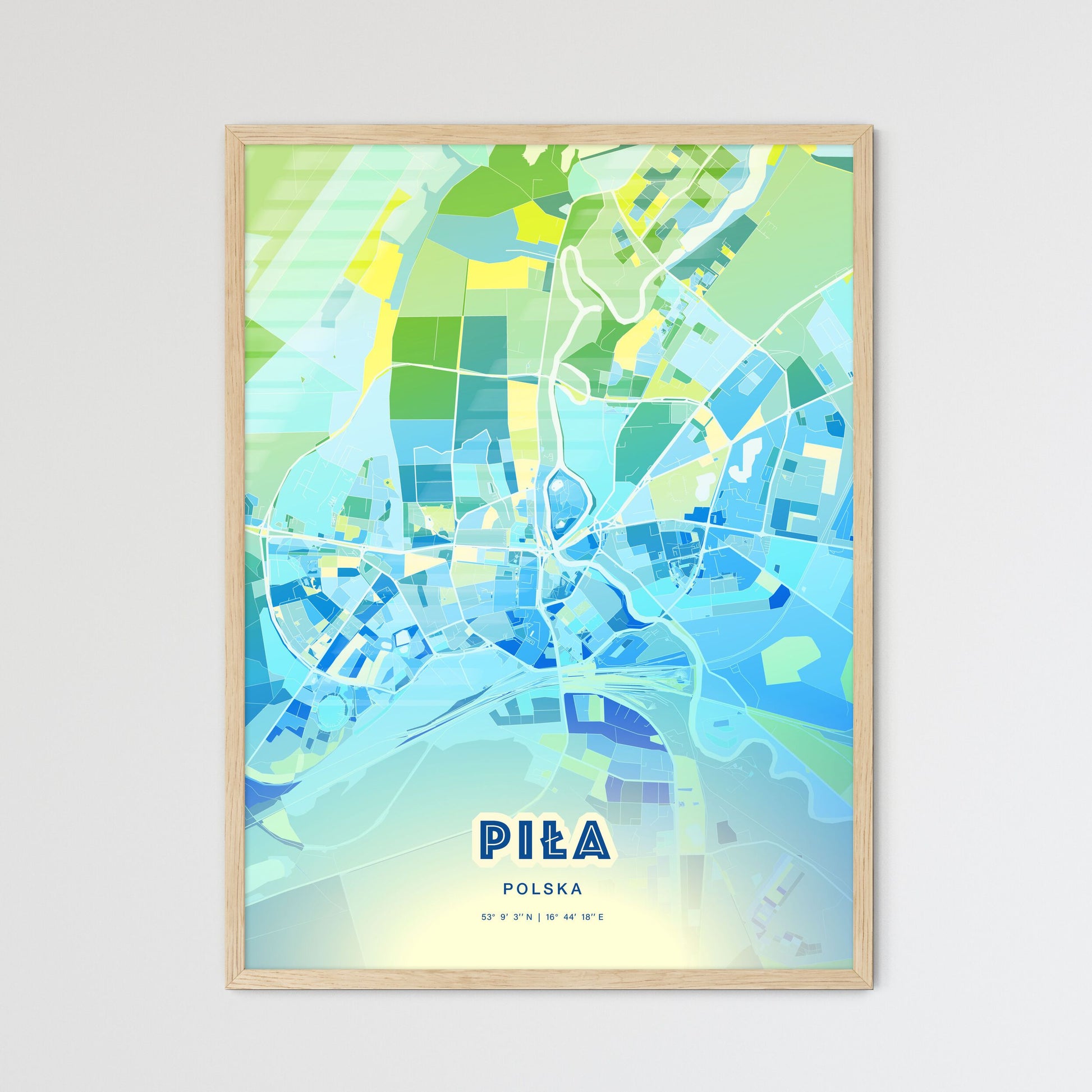 Colorful PIŁA POLAND Fine Art Map Cool Blue