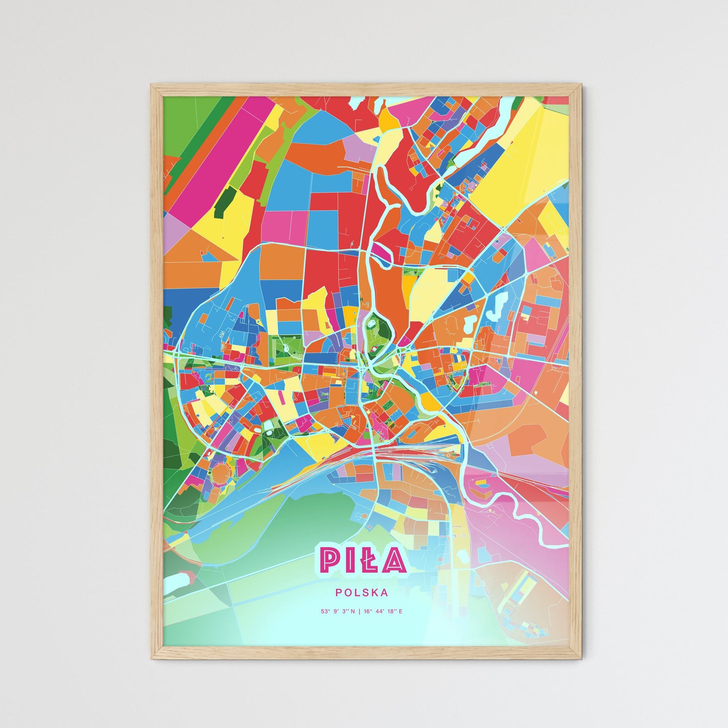 Colorful PIŁA POLAND Fine Art Map Crazy Colors