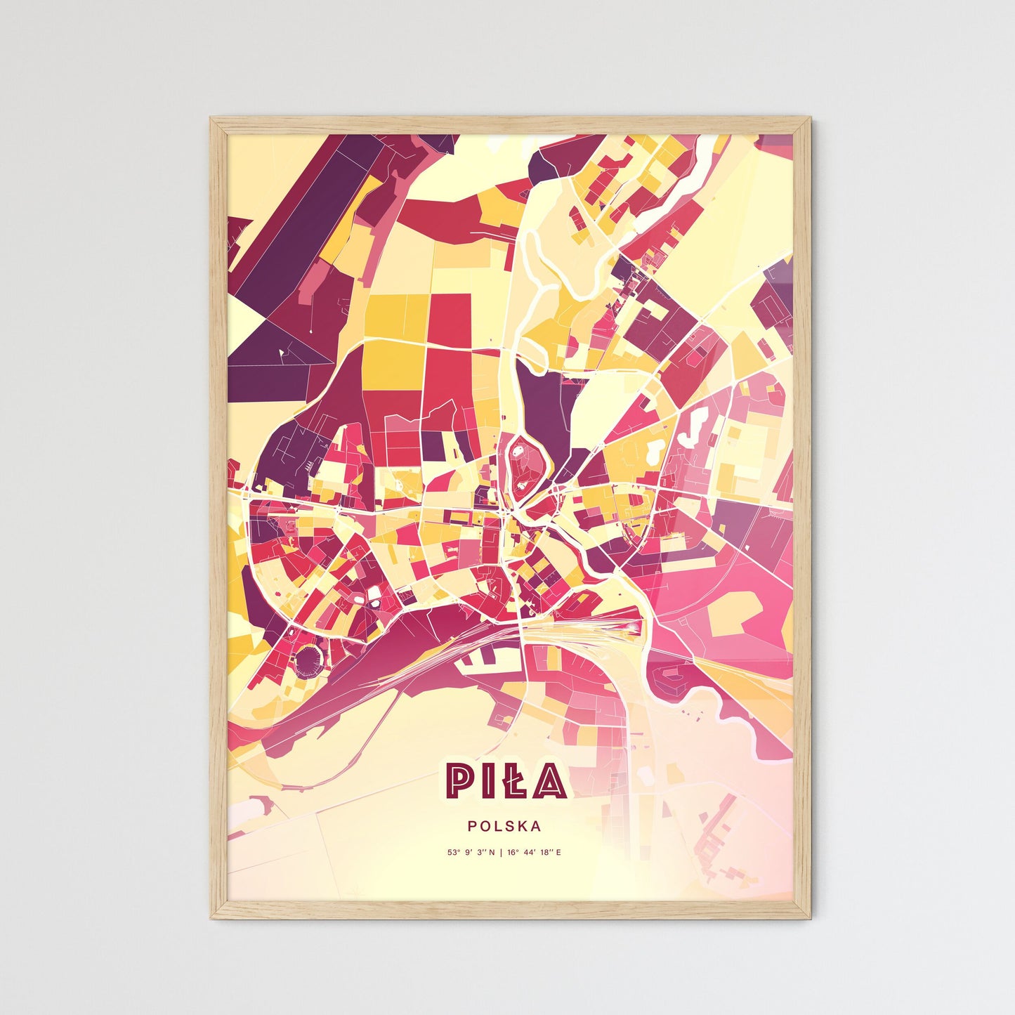 Colorful PIŁA POLAND Fine Art Map Hot Red