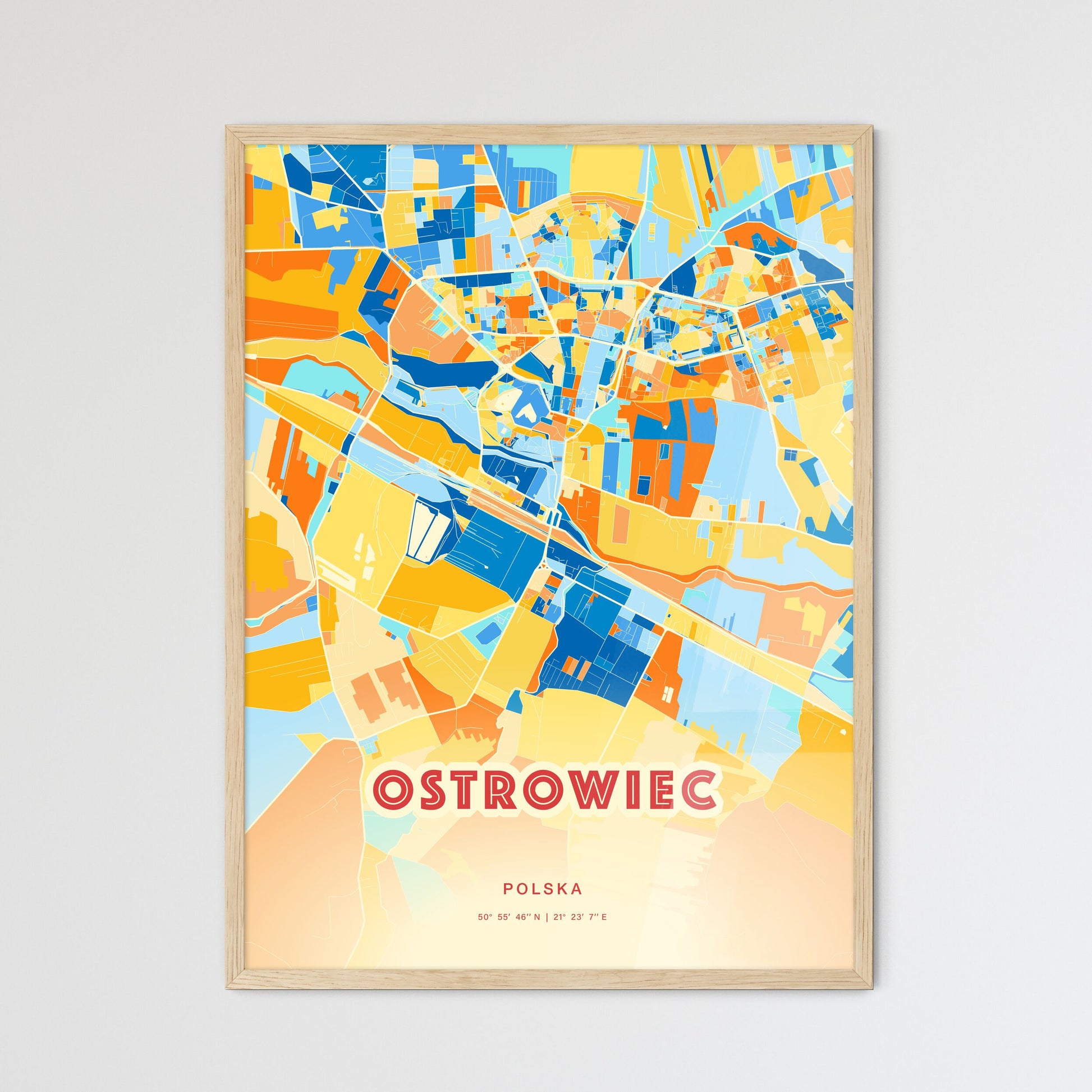 Colorful OSTROWIEC ŚWIĘTOKRZYSKI POLAND Fine Art Map Blue Orange