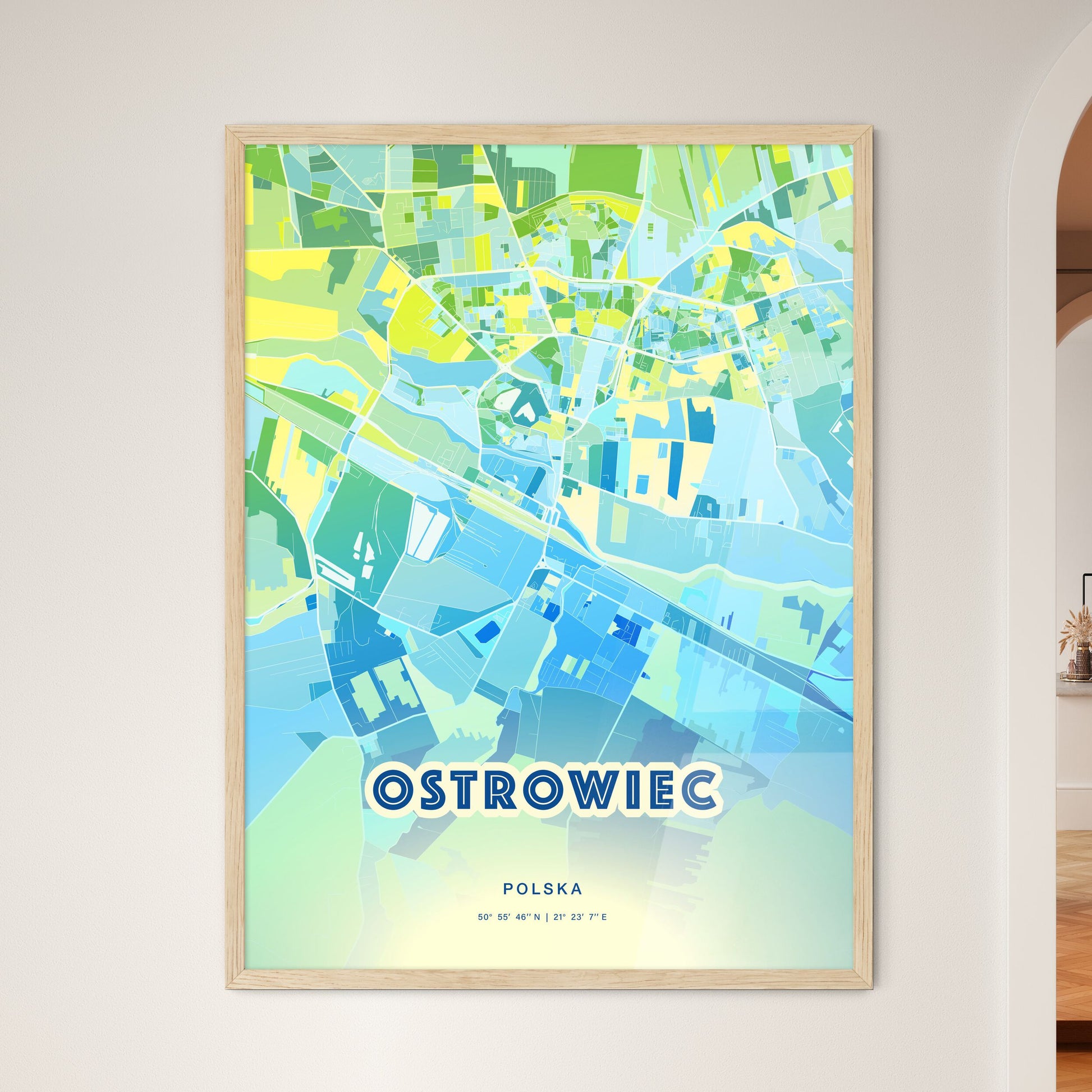 Colorful OSTROWIEC ŚWIĘTOKRZYSKI POLAND Fine Art Map Cool Blue