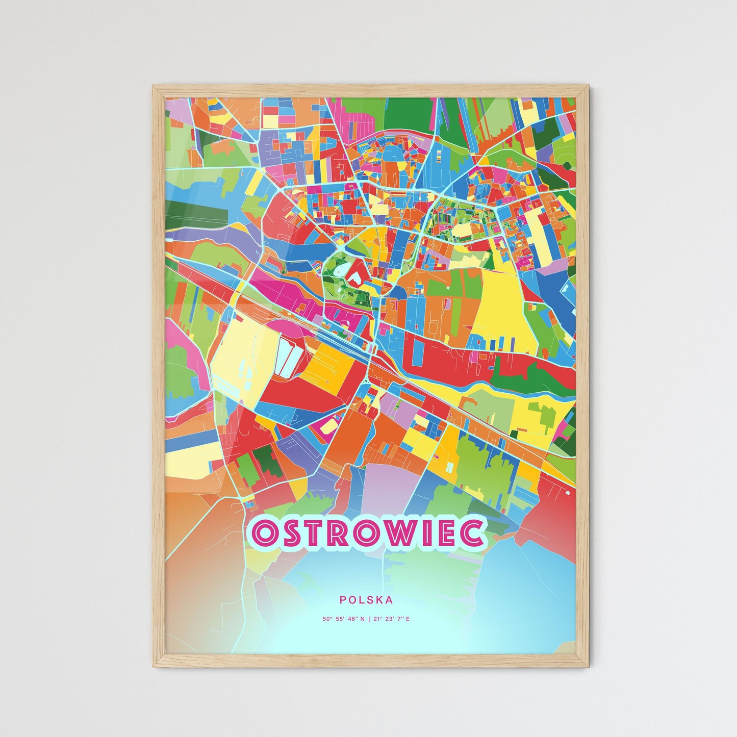 Colorful OSTROWIEC ŚWIĘTOKRZYSKI POLAND Fine Art Map Crazy Colors