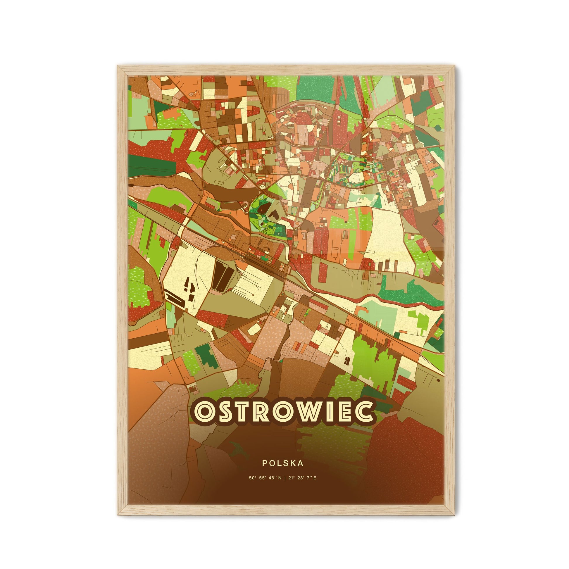 Colorful OSTROWIEC ŚWIĘTOKRZYSKI POLAND Fine Art Map Farmhouse