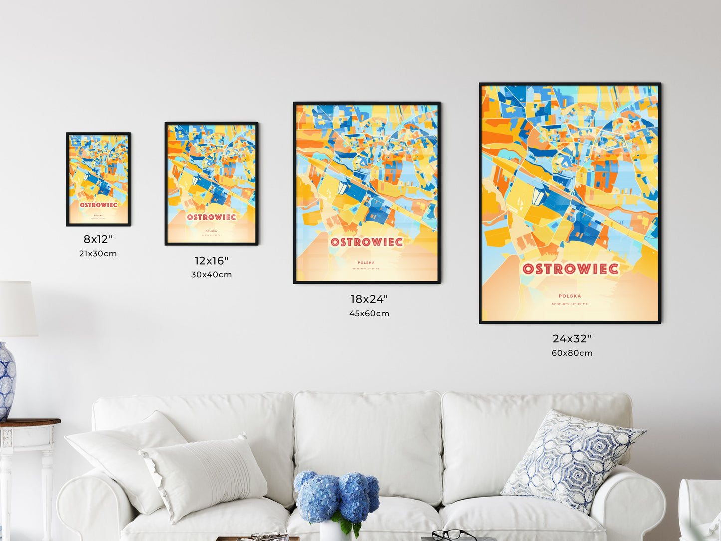 Colorful OSTROWIEC ŚWIĘTOKRZYSKI POLAND Fine Art Map Blue Orange