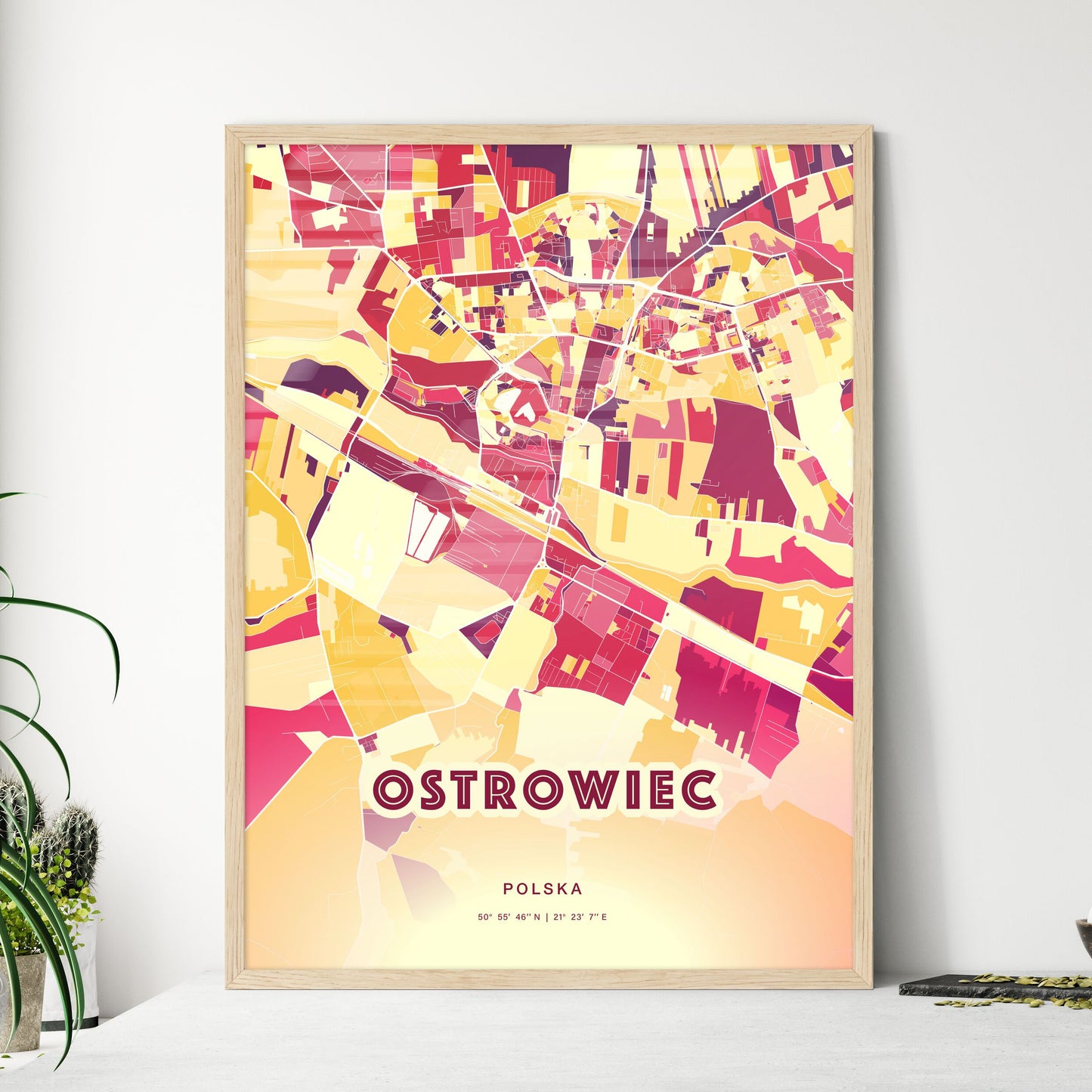 Colorful OSTROWIEC ŚWIĘTOKRZYSKI POLAND Fine Art Map Hot Red