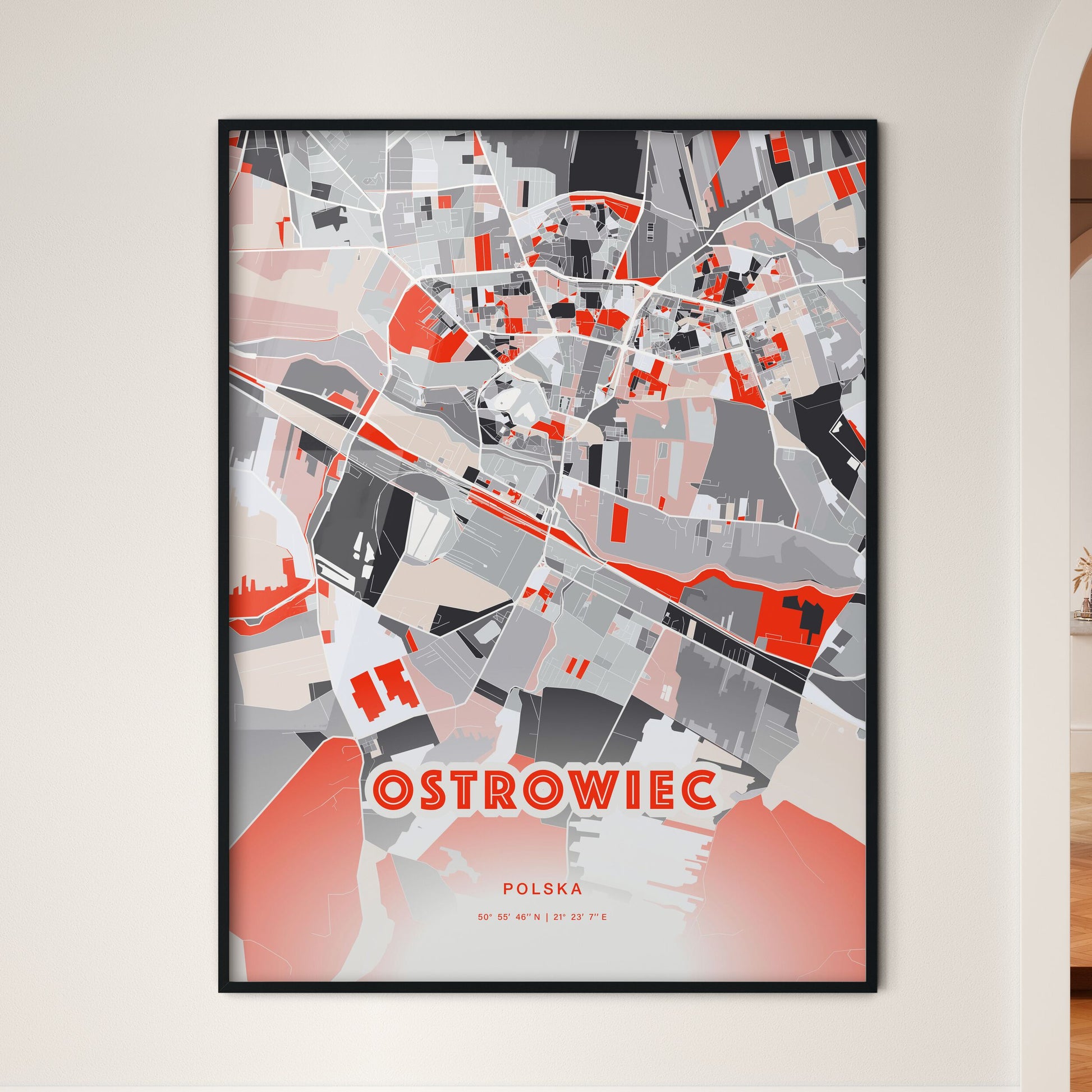 Colorful OSTROWIEC ŚWIĘTOKRZYSKI POLAND Fine Art Map Modern