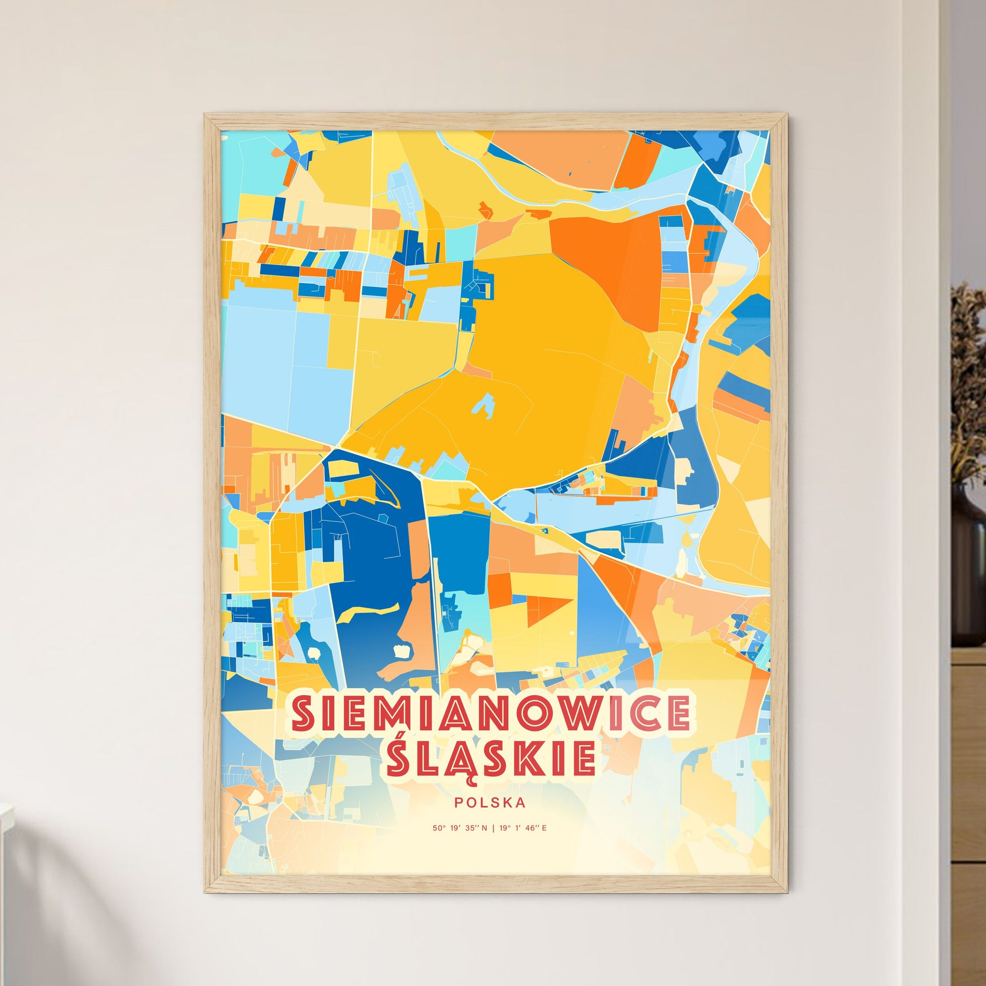 Colorful SIEMIANOWICE ŚLĄSKIE POLAND Fine Art Map Blue Orange