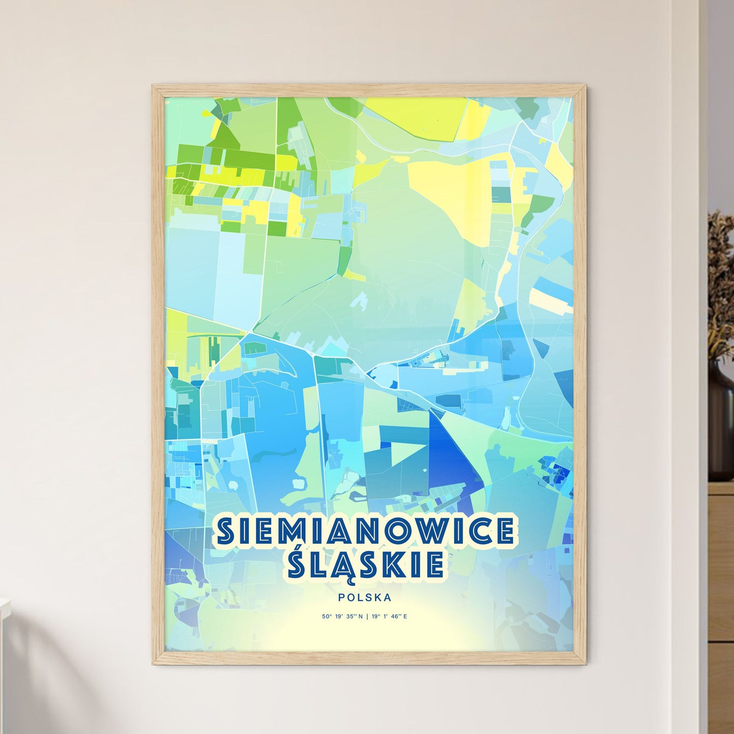 Colorful SIEMIANOWICE ŚLĄSKIE POLAND Fine Art Map Cool Blue