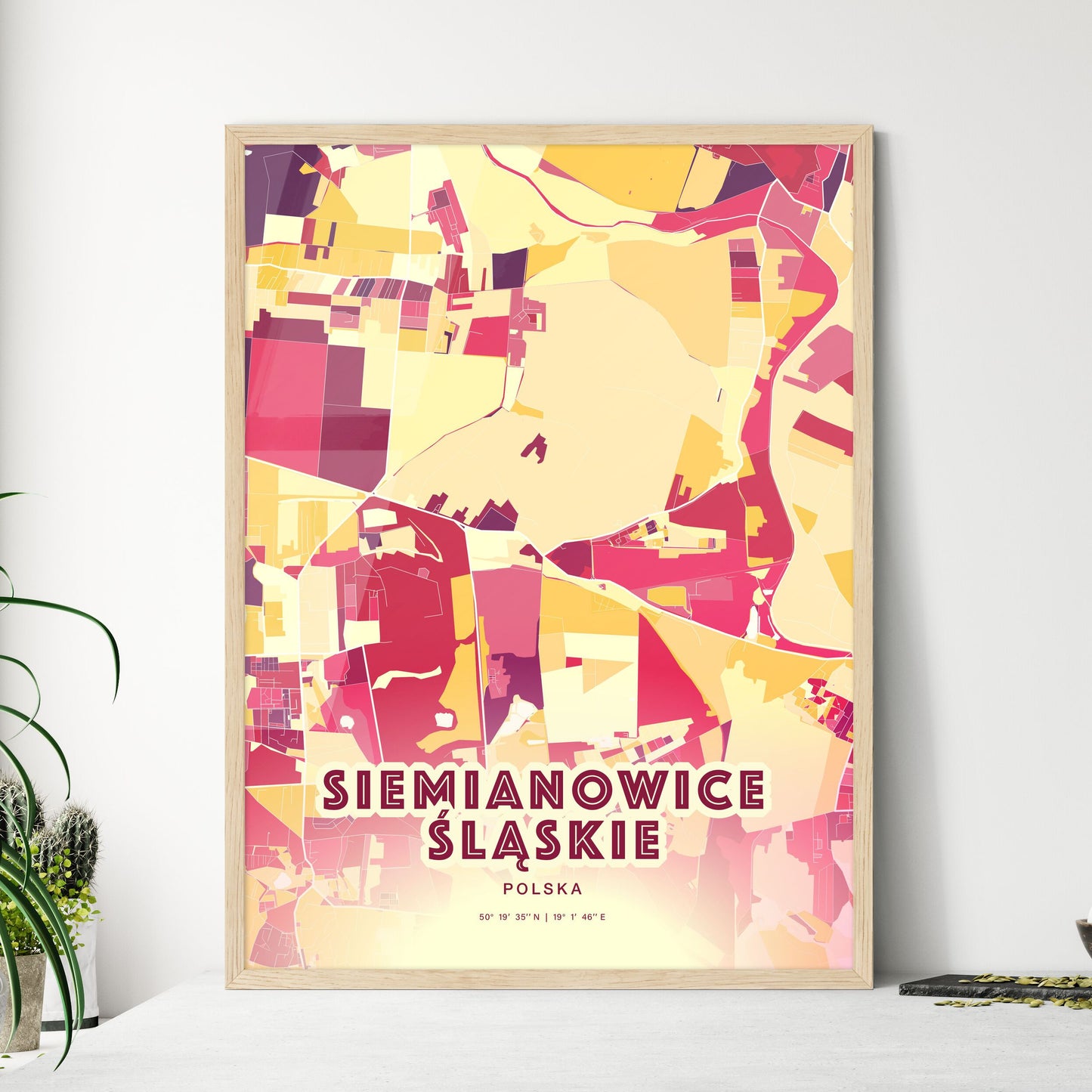 Colorful SIEMIANOWICE ŚLĄSKIE POLAND Fine Art Map Hot Red