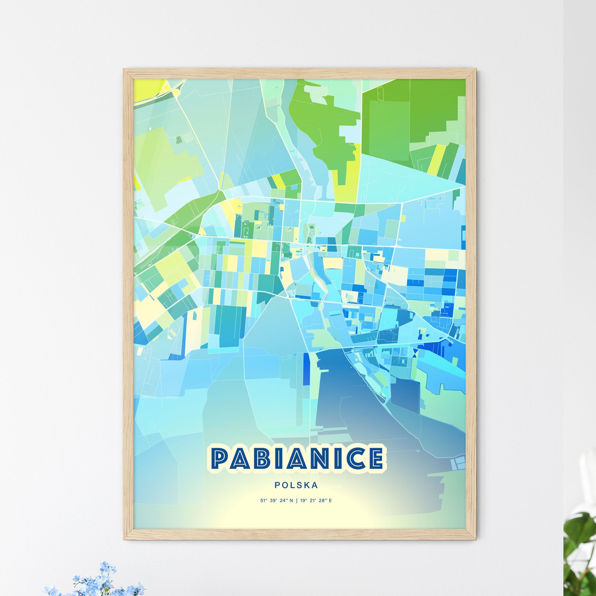 Colorful PABIANICE POLAND Fine Art Map Cool Blue