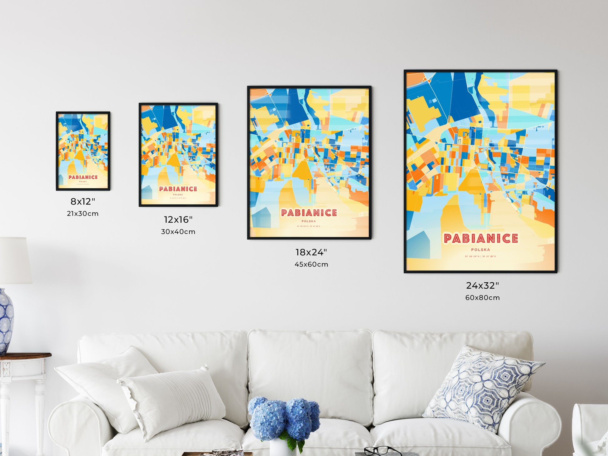 Colorful PABIANICE POLAND Fine Art Map Blue Orange