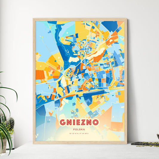 Colorful GNIEZNO POLAND Fine Art Map Blue Orange