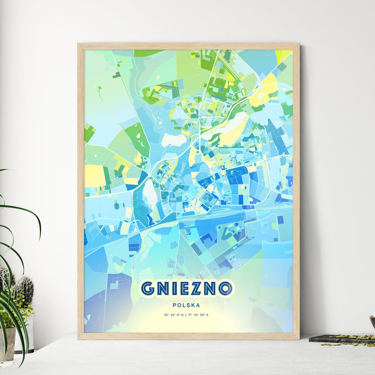 Colorful GNIEZNO POLAND Fine Art Map Cool Blue