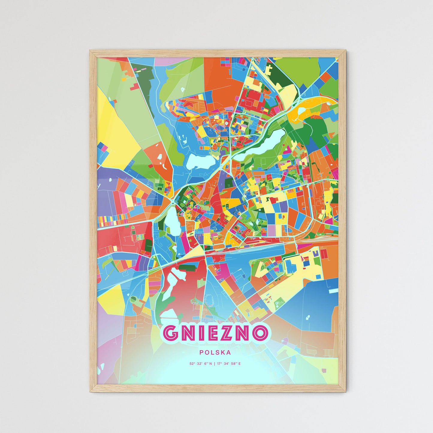 Colorful GNIEZNO POLAND Fine Art Map Crazy Colors