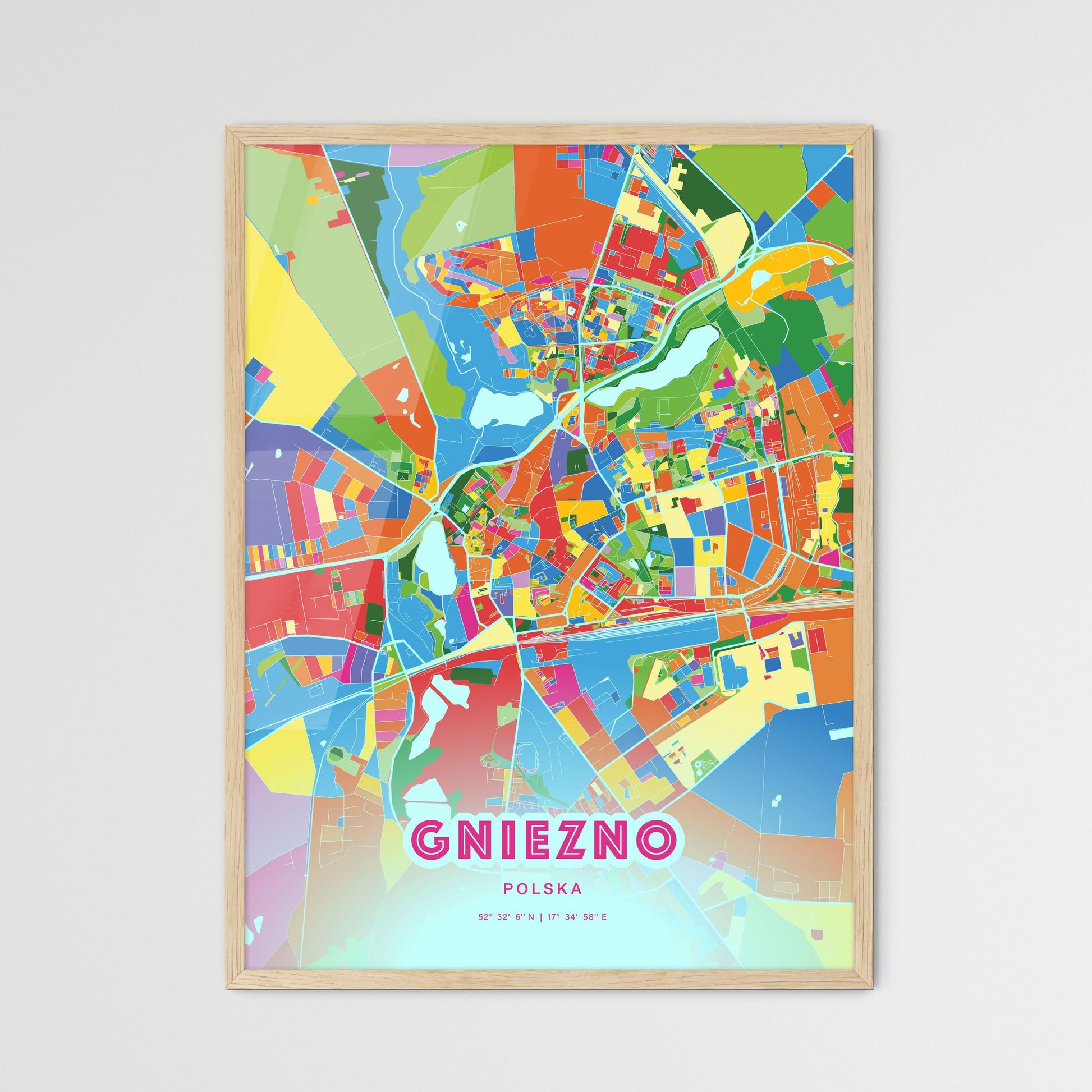 Colorful GNIEZNO POLAND Fine Art Map Crazy Colors