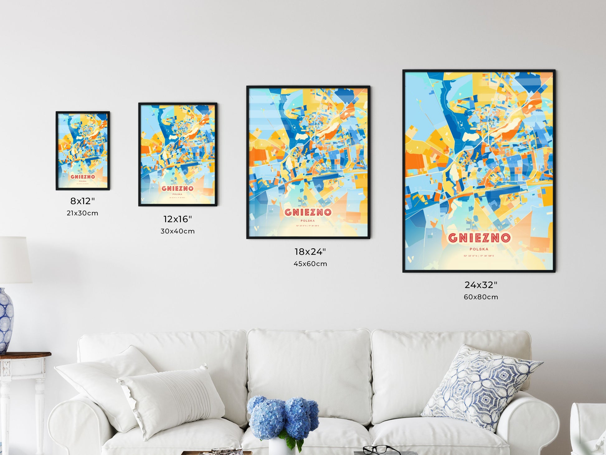 Colorful GNIEZNO POLAND Fine Art Map Blue Orange